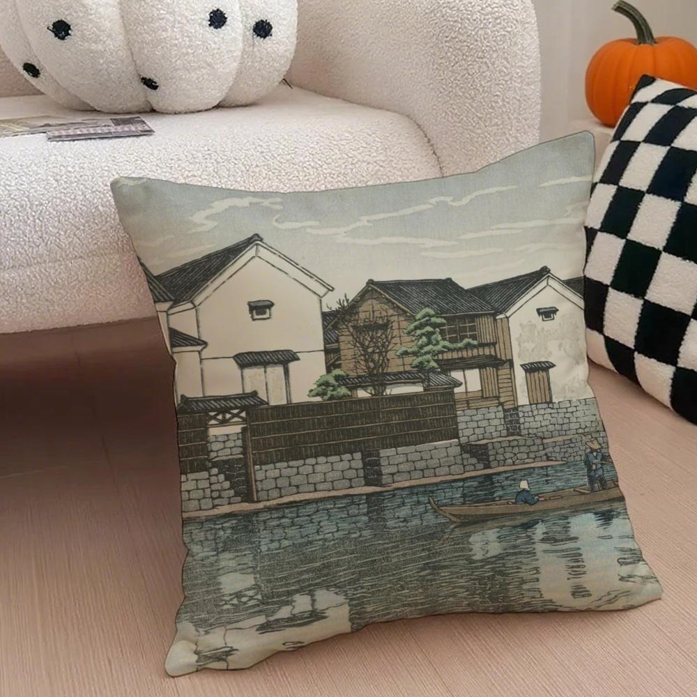 Hasui Kawase Cushion Cover Throw Pillow Cover Hidden Button Durable Polyester Chair Cushion