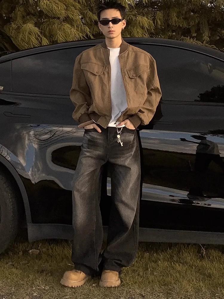 CleanFit Men's Brown Short Harrington Jacket - Retro Workwear Bomber Baseball Style