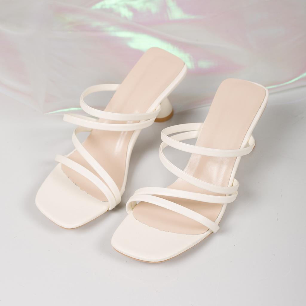 Black Thin Strap High Heel Women 2025 New Medium Heel Cool Slippers Women Wear Sexy One-word Strap Women's Shoes