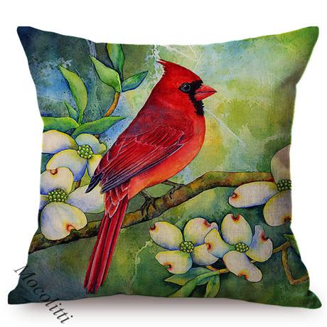 Spring Colorful Home Decoration Cushion Cover Cardinal Bird Style Water Color Art Cotton Linen Square Sofa Throw Pillow Case
