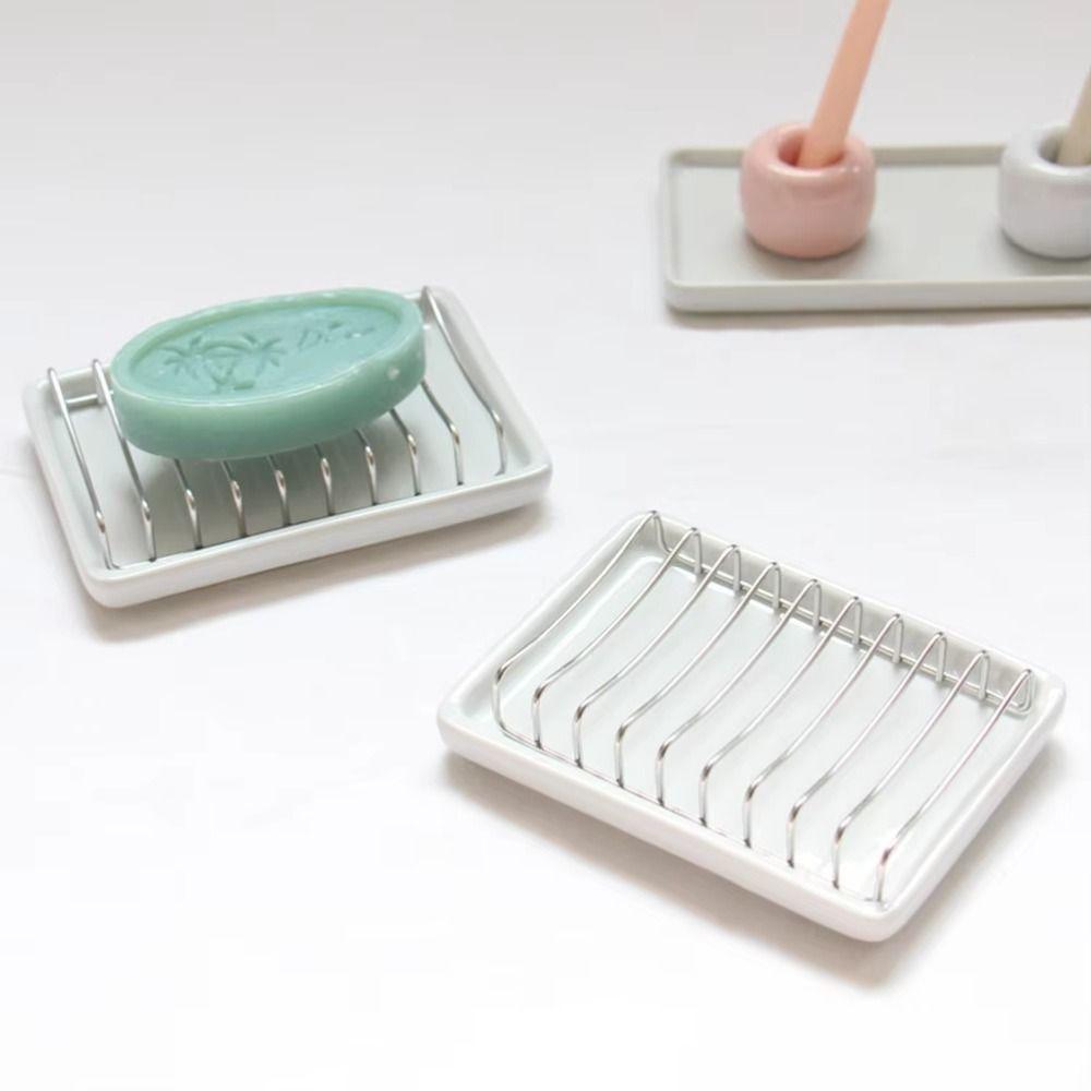 Multi-function Ceramic Soap Dish Stainless Steel Storage Dish Simple Drain Soap Box  Shower Room