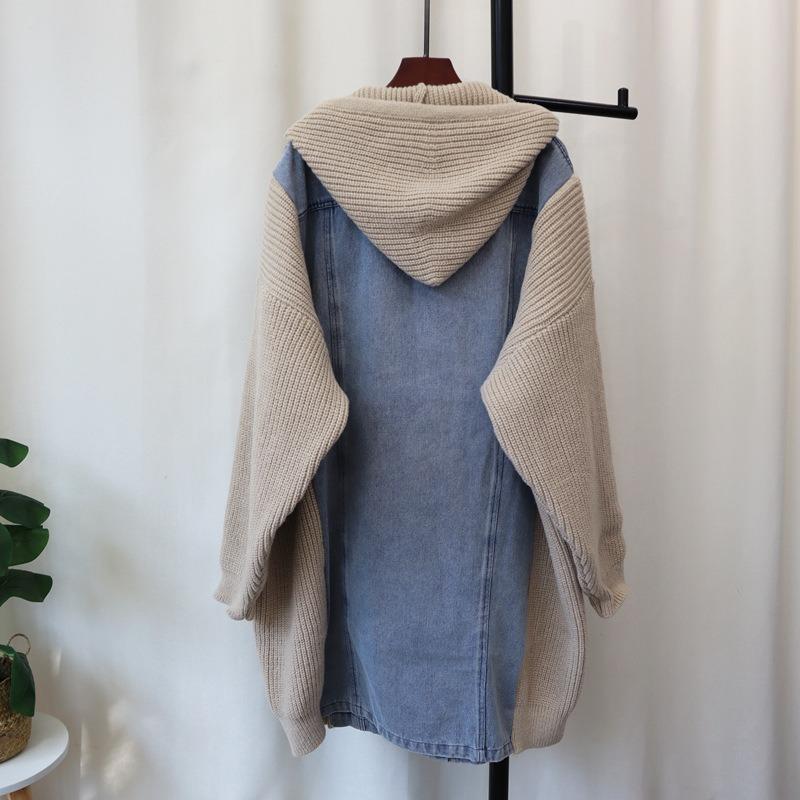Hooded Long Denim Splicing Sweater Jacket Autumn and Winter New Design Thickened Loose Knitted Cardigan Women