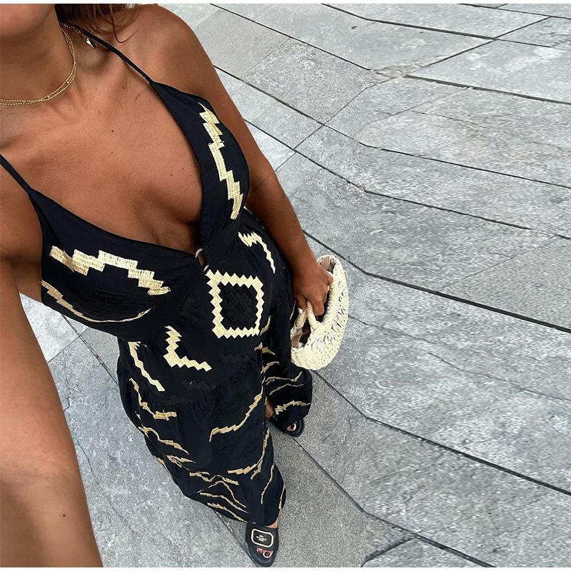 Printed Backless Sleeveless Vent Summer Dress Sexy V-neck High Waisted Sling Women's Dresses