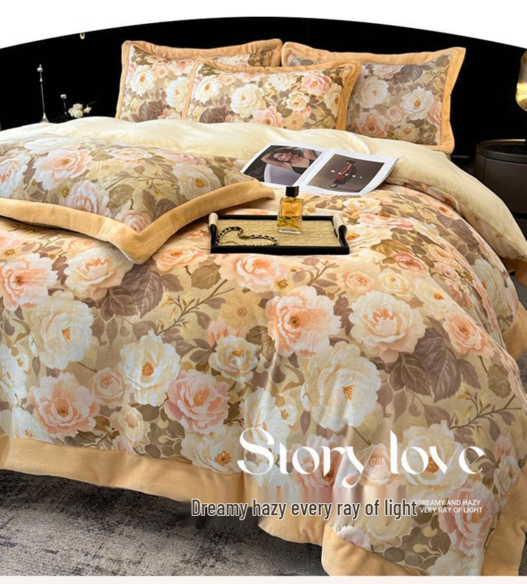 Cozy Winter Milk Velvet 4-Piece Fleece Bedding Set: Double-Sided Printed Duvet Cover