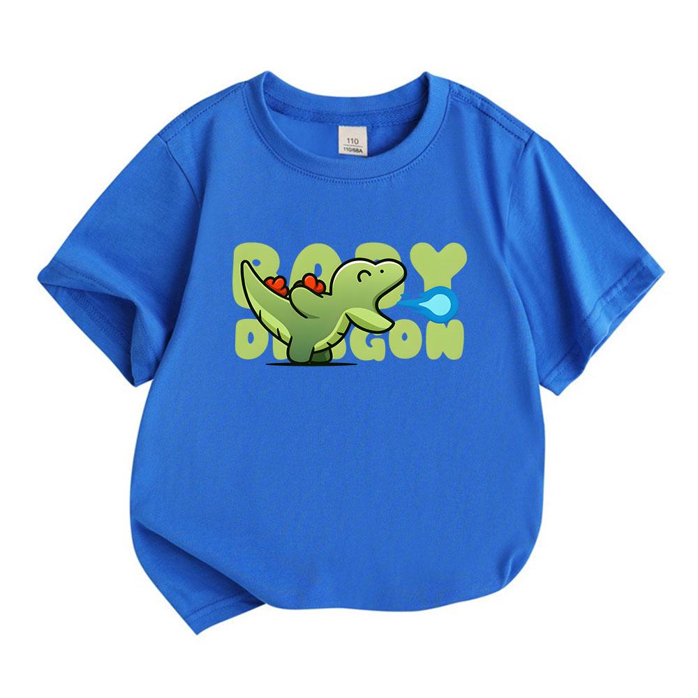 Kids Boys Girls 100% Cotton Short Sleeve O-Neck T-Shirt, Cute Baby Cartoon Little Dragon Print Casual Soft Breathable Summer Tees Tops for Little Chil