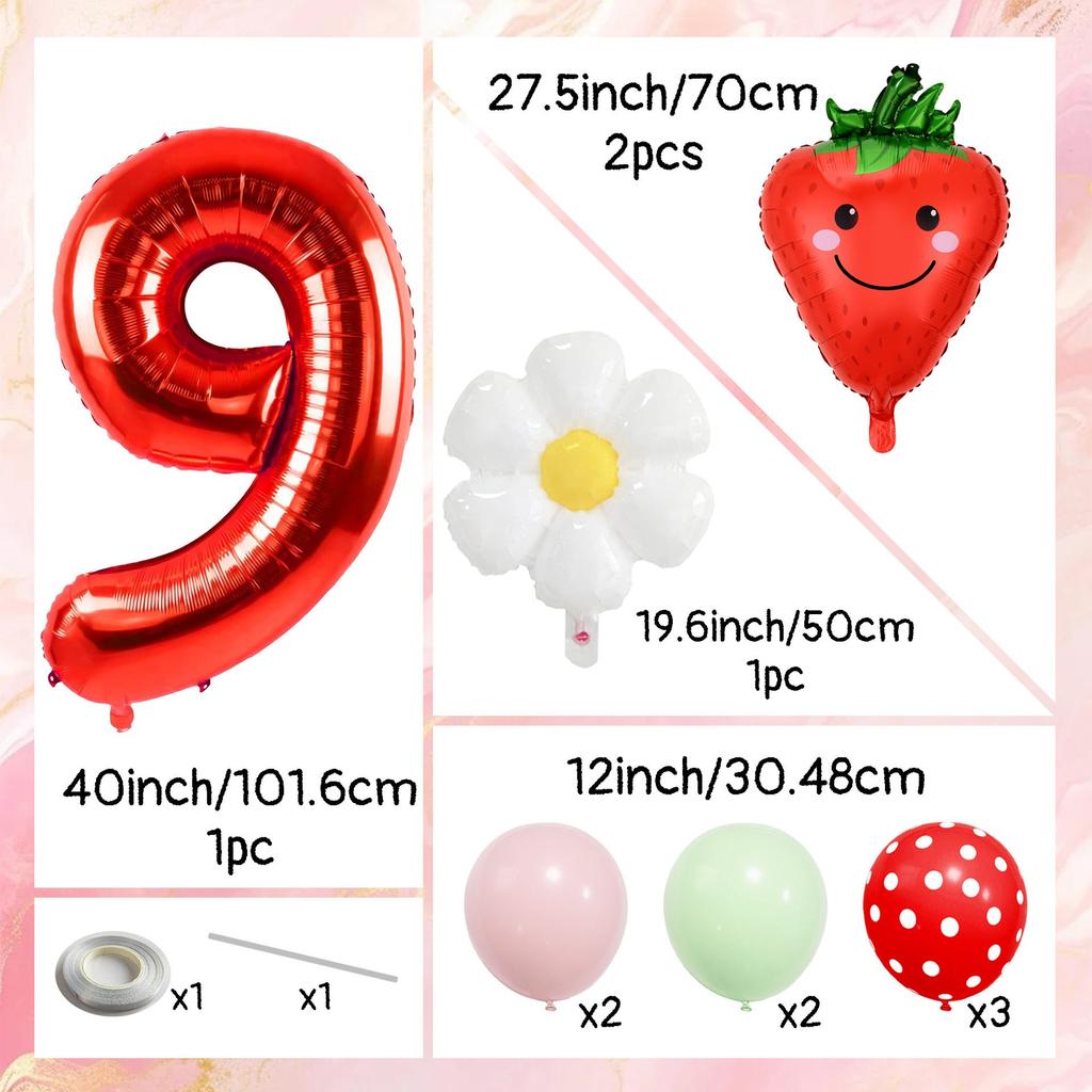 12pcs Strawberry and Red Polka Dot Digital Balloon Set  40 Inch Aluminum Foil, Suitable for Birthday Parties and Celebrations