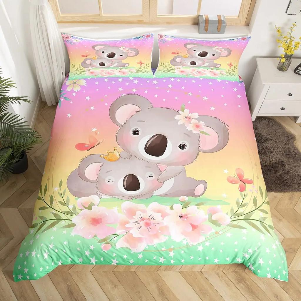 Cute Cartoon Koala Duvet Cover Set Botanical Blossom Floral Comforter Cover Kawaii Wild Animal Koala Bedding Set Twin Queen Size