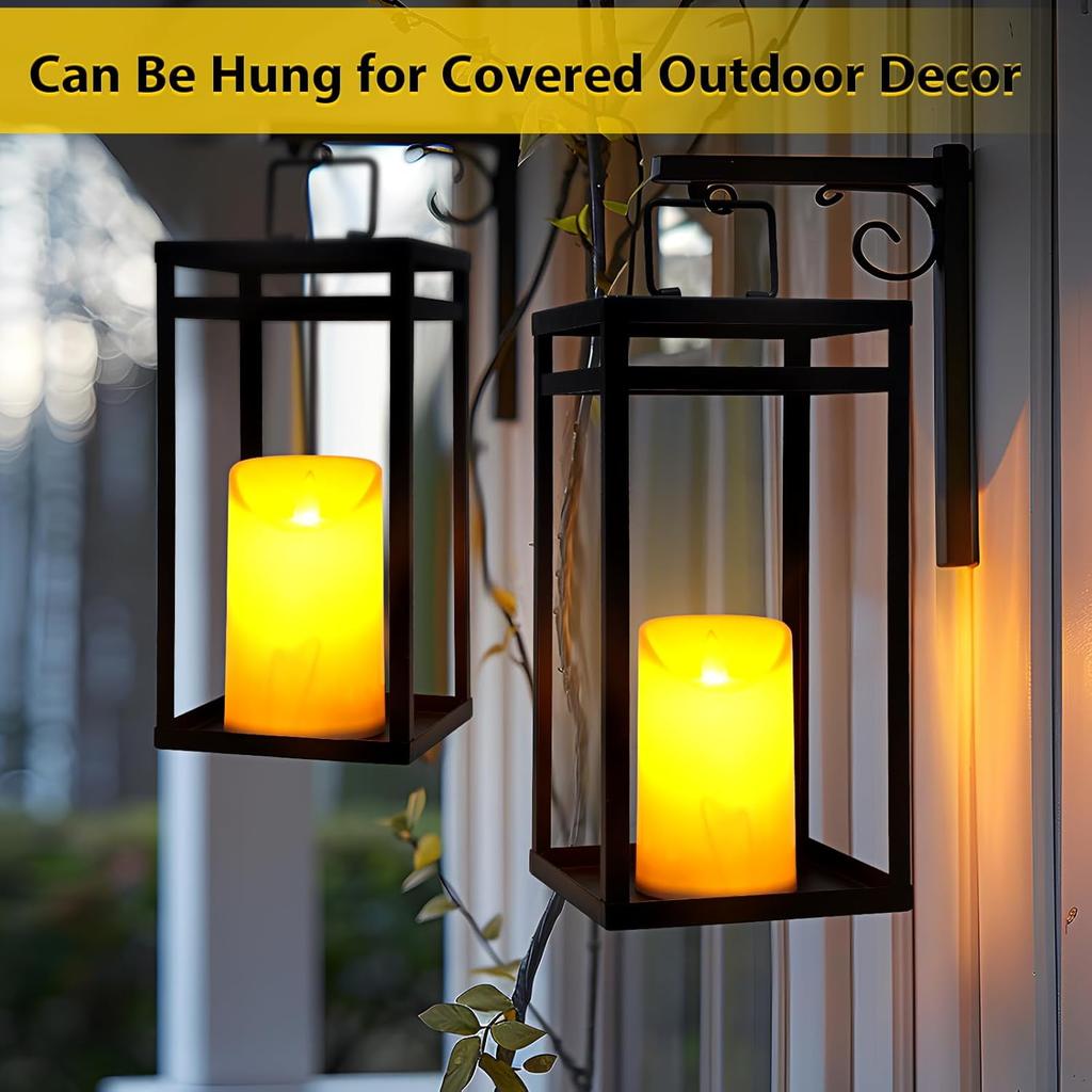Modern Farmhouse Lantern Decor, 2Pcs Metal Candle Lanterns with Flameless Candles Black Decorative Lantern for Front Porch Covered Patio Dining Table