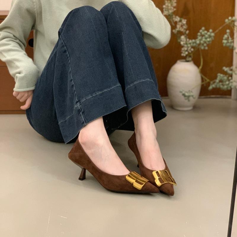 Large size pointed suede metal buckle shallow mouth single shoes women's new autumn and winter temperament stiletto high heels