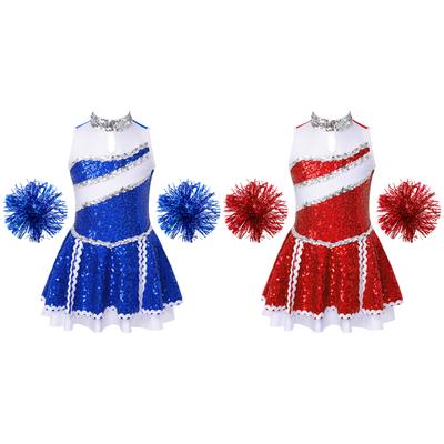 Ärmelloses Glitzer-Pailletten-Cheerleading-Tanzkleid für Mädchen mit 2 Stück Handblumen