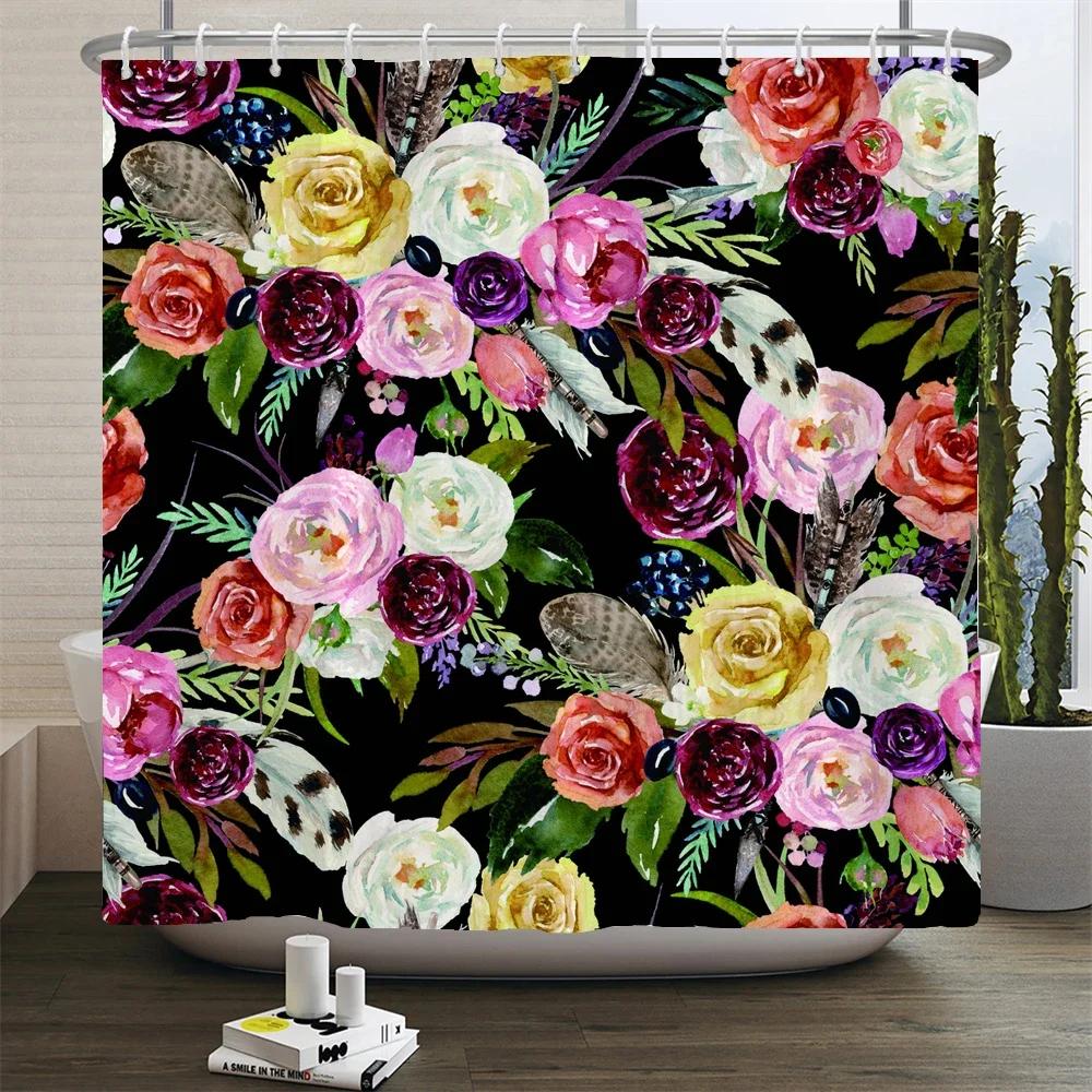 Beautiful Flowers Printed Shower Curtain Waterproof Polyester Curtain With Hook Decoration Bathroom Curtain 3D Shower Curtains