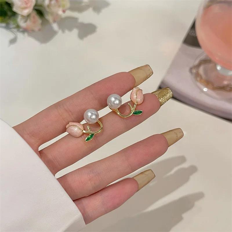 Sweet Cute Enamel Pearl Tulip Flower Stud Earrings for Women Korean Temperament Back Hanging Earring Fashion Jewelry