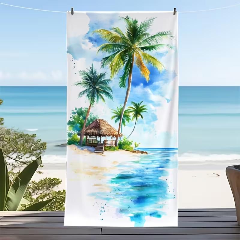 Retro Illustration Style Surfboard Palm Tree Print Beach Towel Summer Coastal Town Pattern Quick Dry Sand-Free Soft Towel