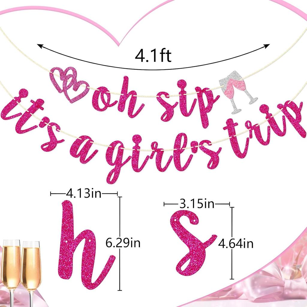Firefairy Oh Sip It's a Girl's Trip Pre-strung Banner - Girls Vacation, Weekend, Just Wanna Have Fun - Bachelorette Party Decorations, Hot Pink