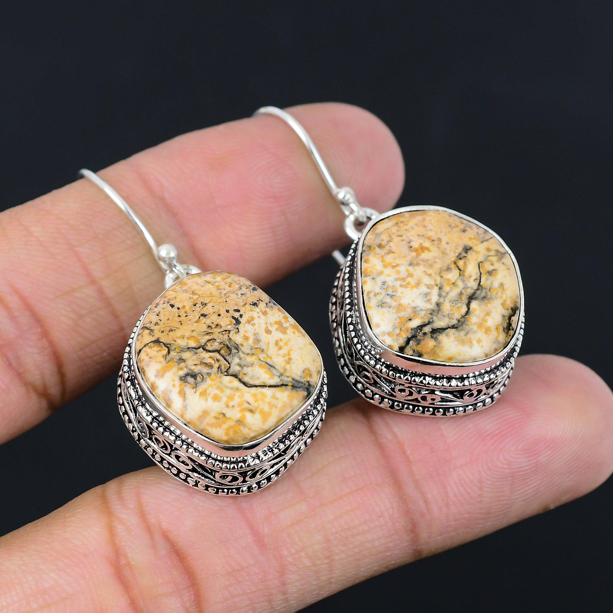 

Daughters Day Sale Picture Jasper Stone Dangling New Earrings Jewelry 925 Silver