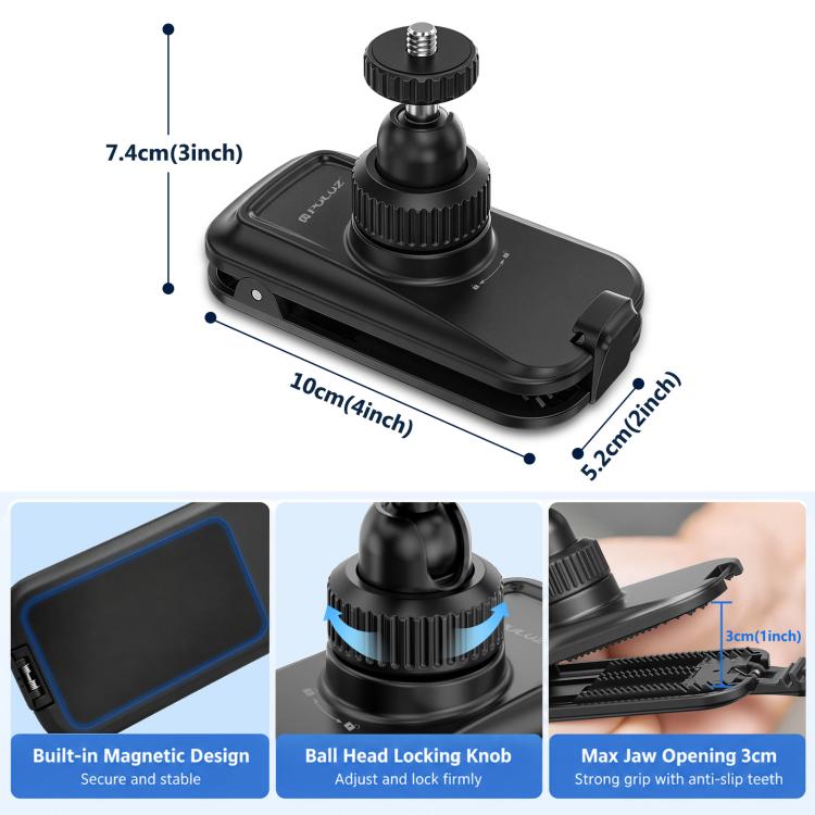 PULUZ Magnetic Quick-Release Backpack Clamp Mount with 1/4 inch Screw Interface for DJI, Insta360, GoPro and Other Action Cameras (Black)