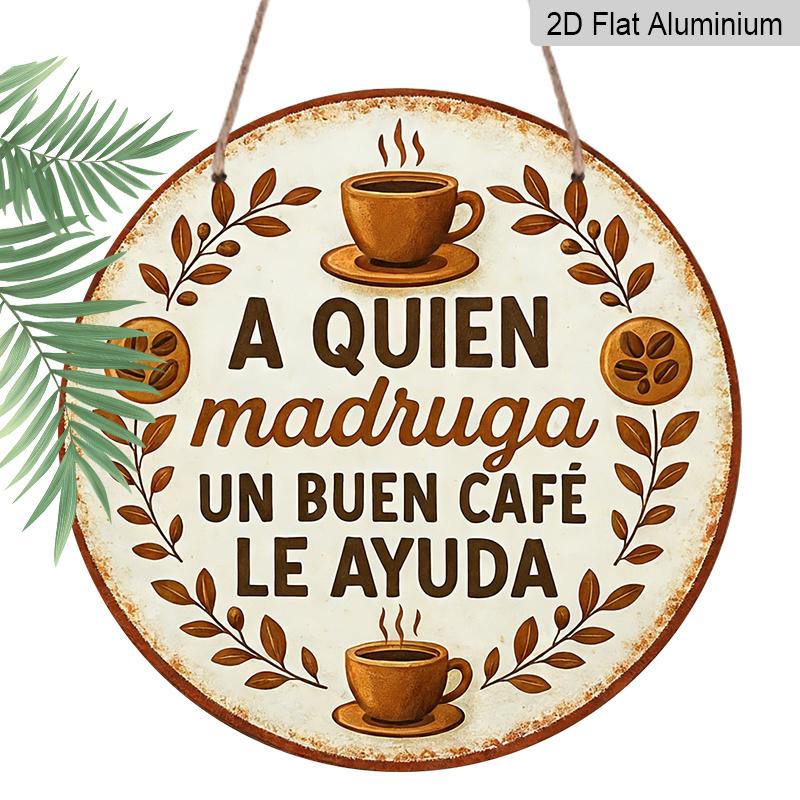 

2D Flat, 1pc Vintage Spanish Coffee Quote Metal Sign A Quien Madruga Un Buen Cafe Le Ayuda -7.87 Rustic Aluminum Cafe Wall Art with Coffee Beans 1pc