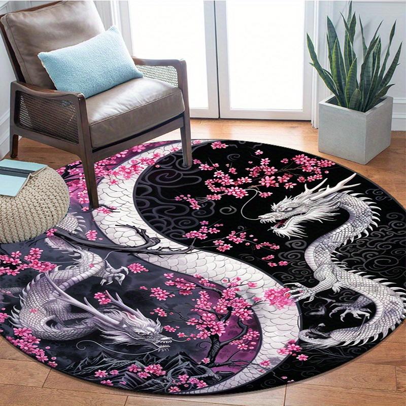 Tappeto Rotondo Design Sakura e Drago,Velluto di Cristallo Poliestere 800g/m²,Tappeto Decorativo Antiscivolo per Camera da Letto,Salotto,Stanza dei Giochi-Poly