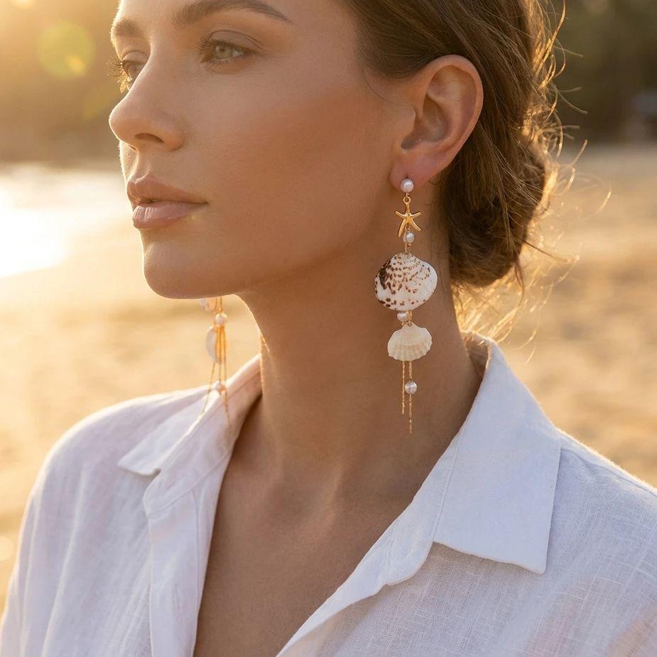 Ocean Resort Style Conch Starfish Pendant Earrings for Women Bohemia Shell Pearl Long Tassel Earrings Holiday Party Jewelry Gift