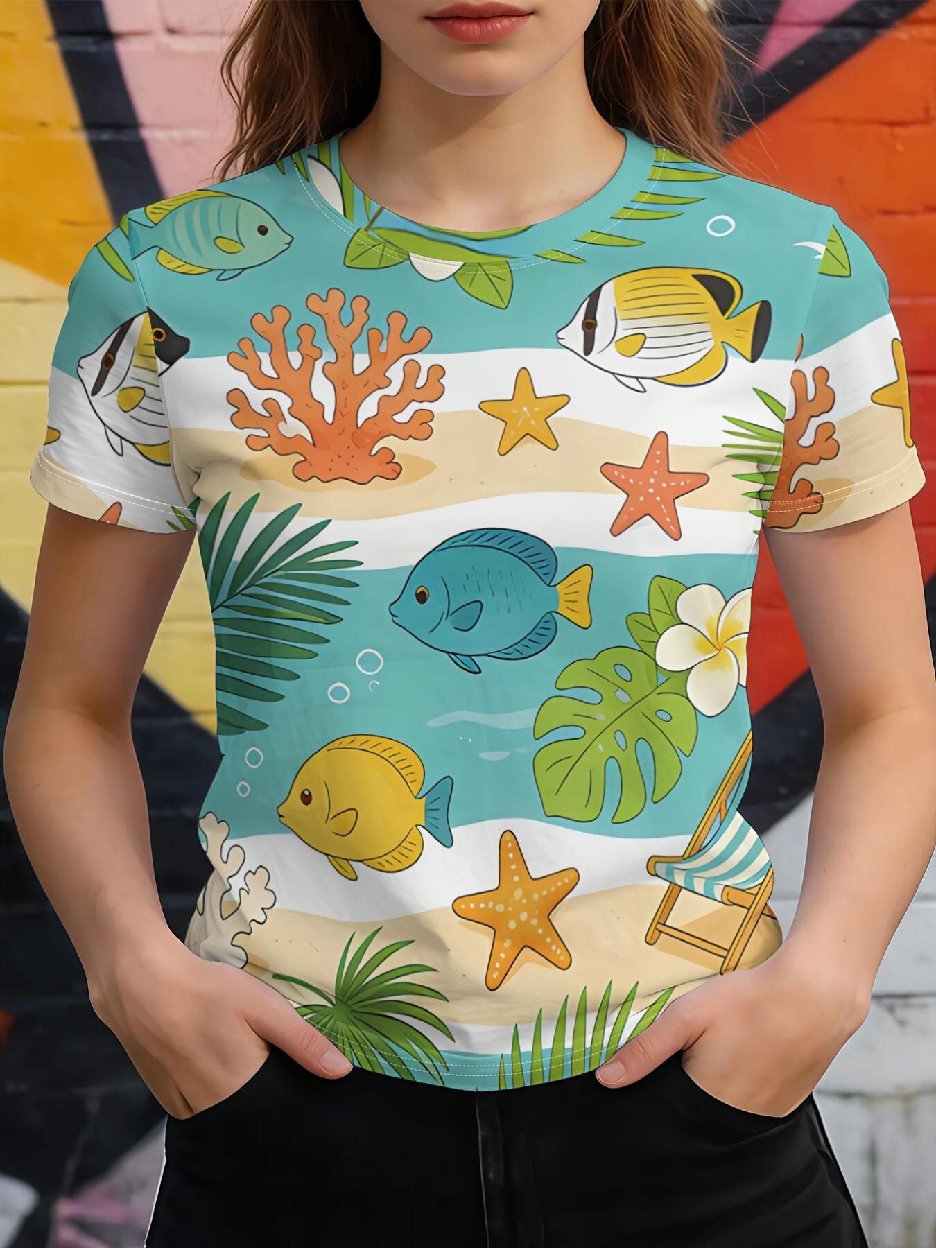 

[Printed Design- No Texture] Coral Reef And Lounge Chair Design Crew Neck T-Shirt Trendy Digital Print. Casual Style. Short Sleeves. Suitable for Spr S дубильная кора