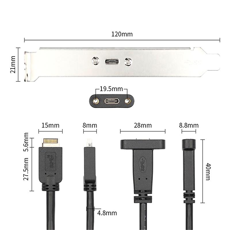 50Cm Usb 3.2 Front Panel Header Type-E To Usb-C Type C Female Connector Extension Wire Cable Type-E Baffle Cable