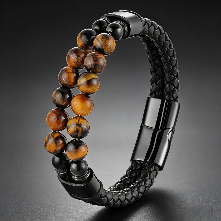 Men's Double Layer Leather Bracelet with Tiger Eye Stones