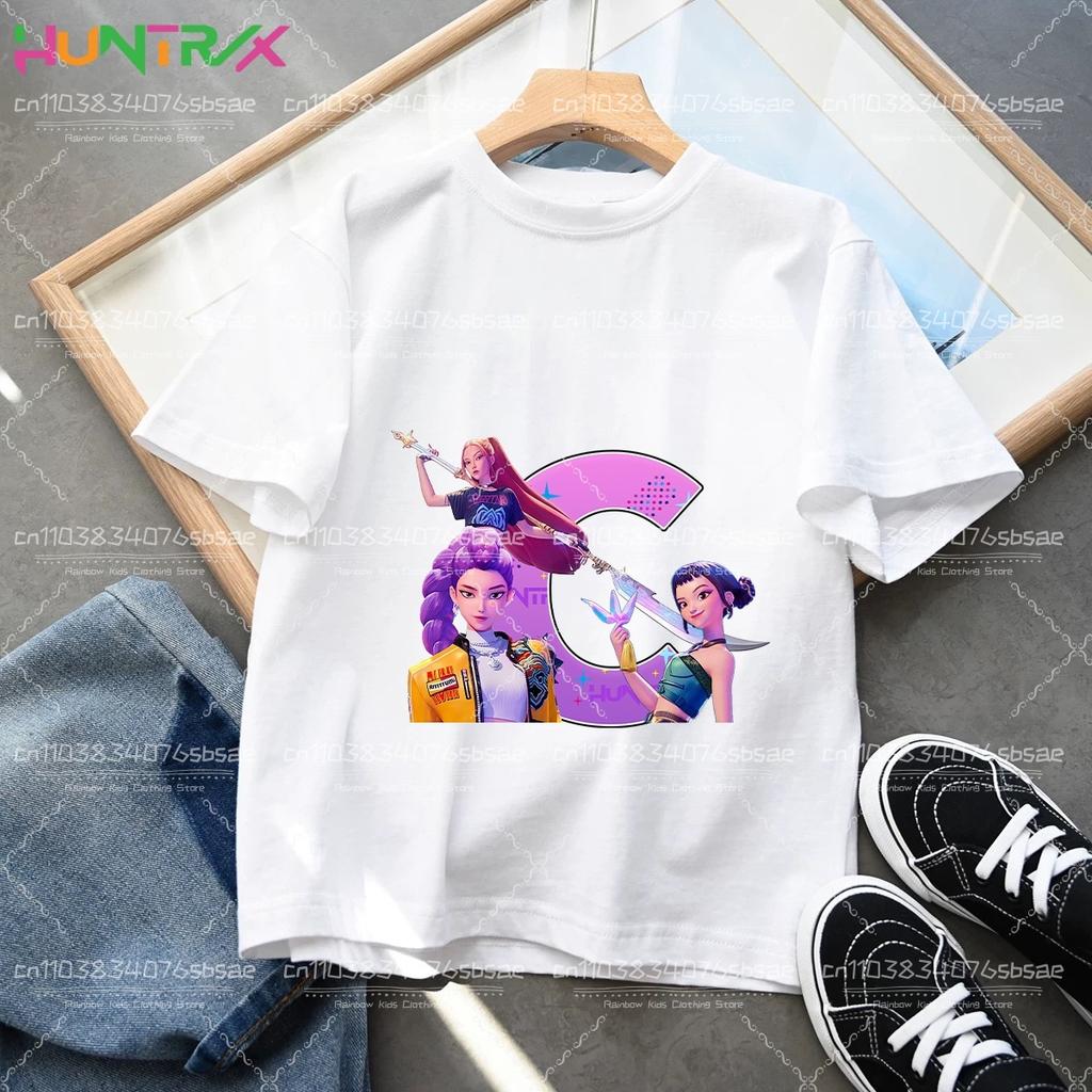 Toddler Girl Clothes Huntrx Mira Rumi Zoey Letter A-Z Cartoon Tee Shirt Funny Gift Fans Harajuku Cool Kids T-shirts Summer Tops