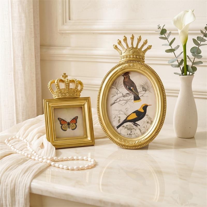 Desktop Photo Frame with Gold-Tone Finish, Ornate Crown Detail, Decorative Resin Picture Frame for Tabletop or Wall Mount Styling