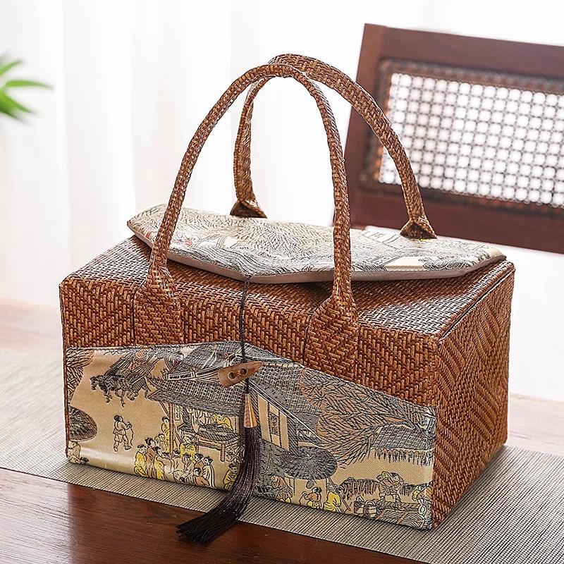 Retro látková úložná taška Ratanová pletená kabelka Kelímky Uzavřená plechovka na čaj Dárková krabička Vnitřně oddělený Venkovní cestovní organizér