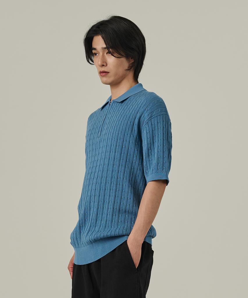ANALOG MOOD Cable Half-Zip Collar Short-Sleeve Knit (Sky Blue)
