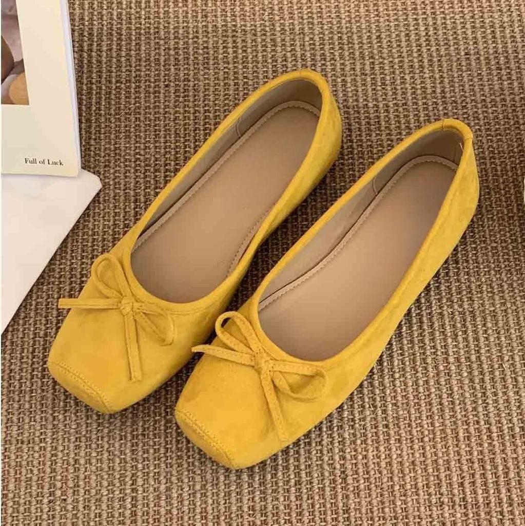 Flat red single shoes female French gentle fairy ballet style beanie shoes inner height increase yellow ladyshoes