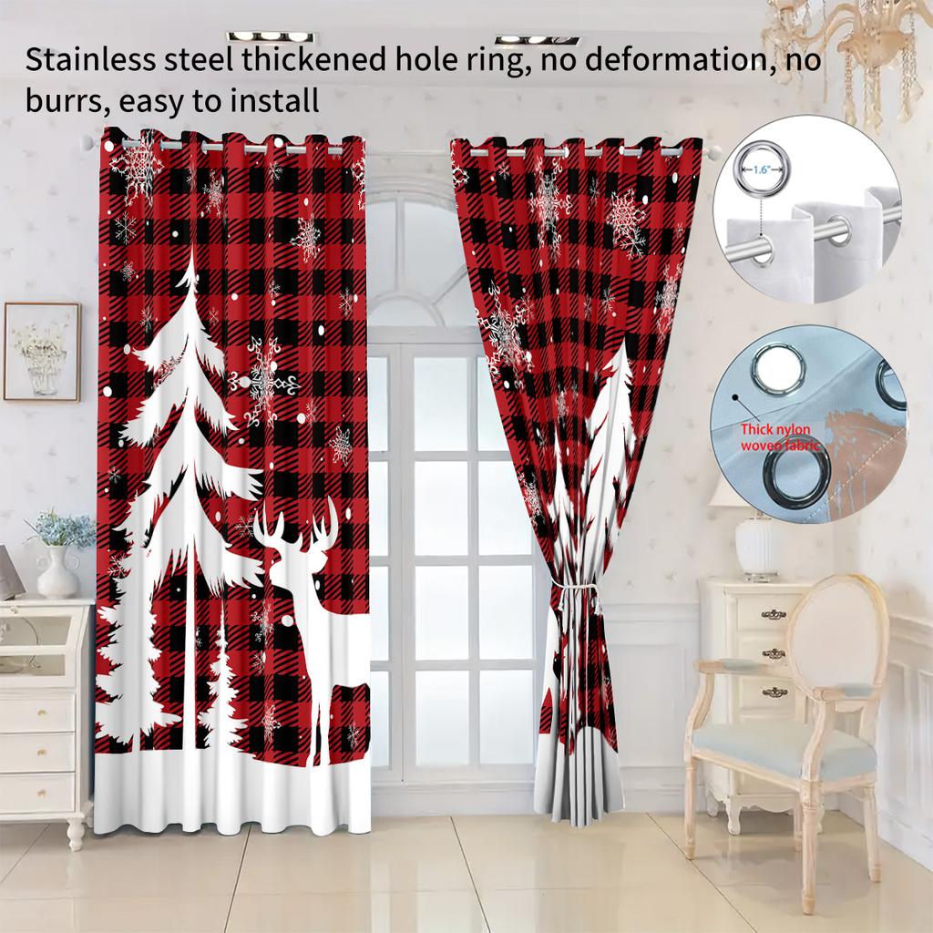 Blackout Christmas Reindeer Print Perforated Curtains Multiple Size Bedroom Insulation Holiday Decoration Easy Installation Curtain Set Of 2 Made