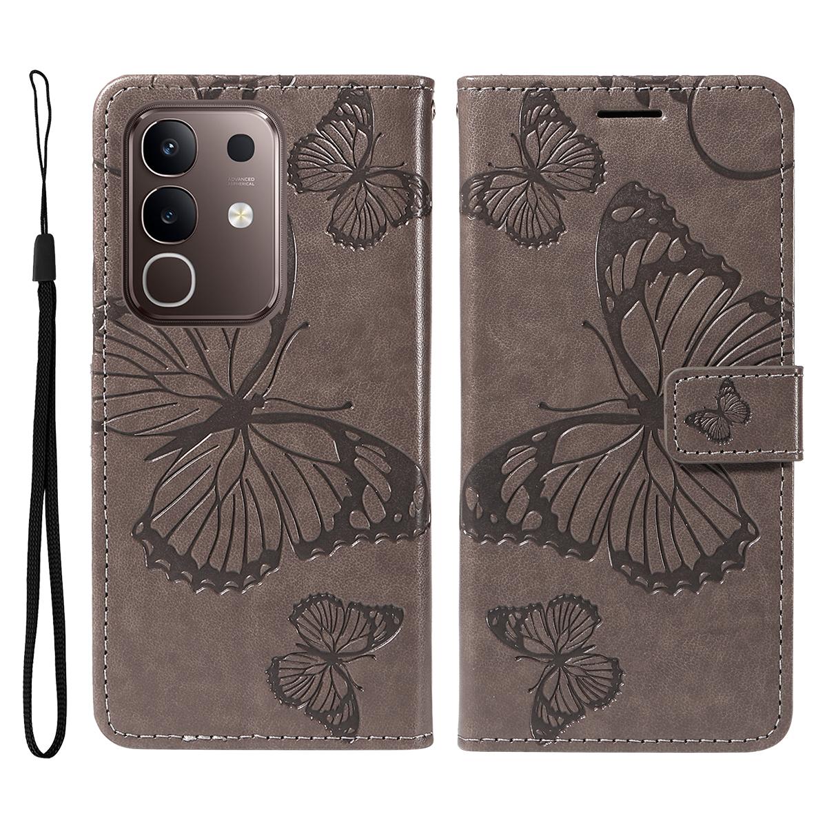 

For vivo Y29 4G/vivo T4x 5G/vivo Y300t 5G Wallet Case Floral Butterfly Imprinted Leather Phone Cover Stand Grey