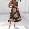 Women's Summer Short Sleeve Round Neck Waistband Bohemian Flowy Layered Maxi Dress With Pockets
