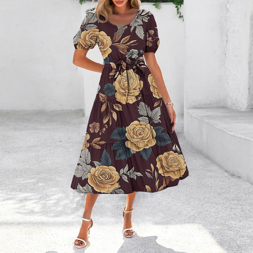 Women's Summer Short Sleeve Round Neck Waistband Bohemian Flowy Layered Maxi Dress With Pockets