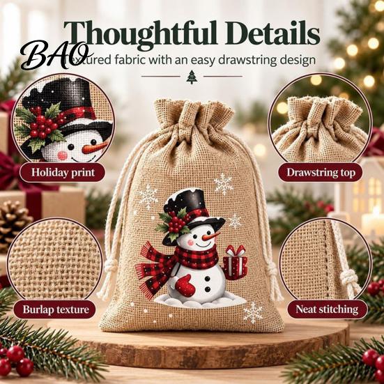 Christmas Theme Packaging Materials Jute Burlap Gift Bags, Drawstring Treat Candy Party Favor Bags Bag, Reusable Linen Pouch for Holiday Favors Small