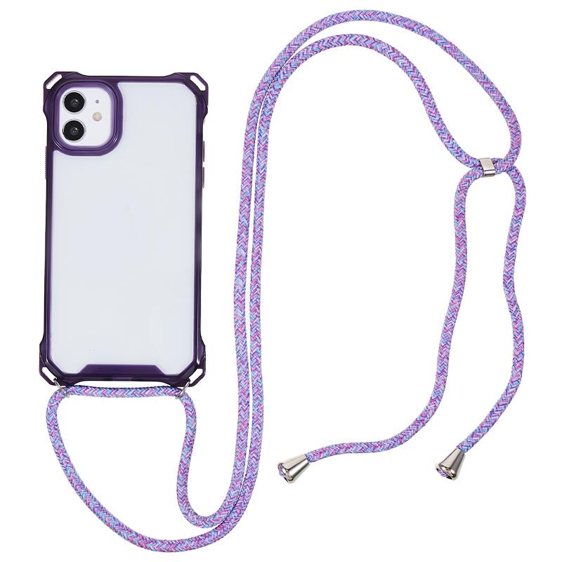 

For iPhone 11 Clear Acrylic+TPU Phone Case Four Corners Shock Absorption Cover with Lanyard Purple Frame