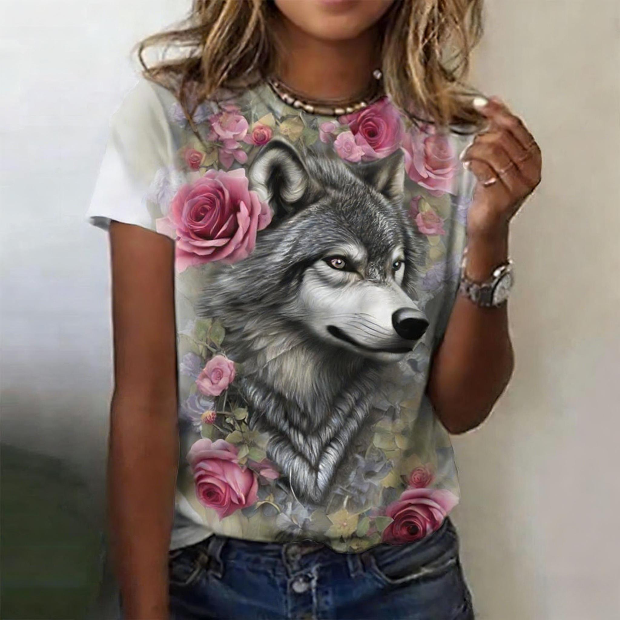 Animal Print Short Sleeves Fashion Loose Crew Neck Top Simple T-Shirts Women’s S