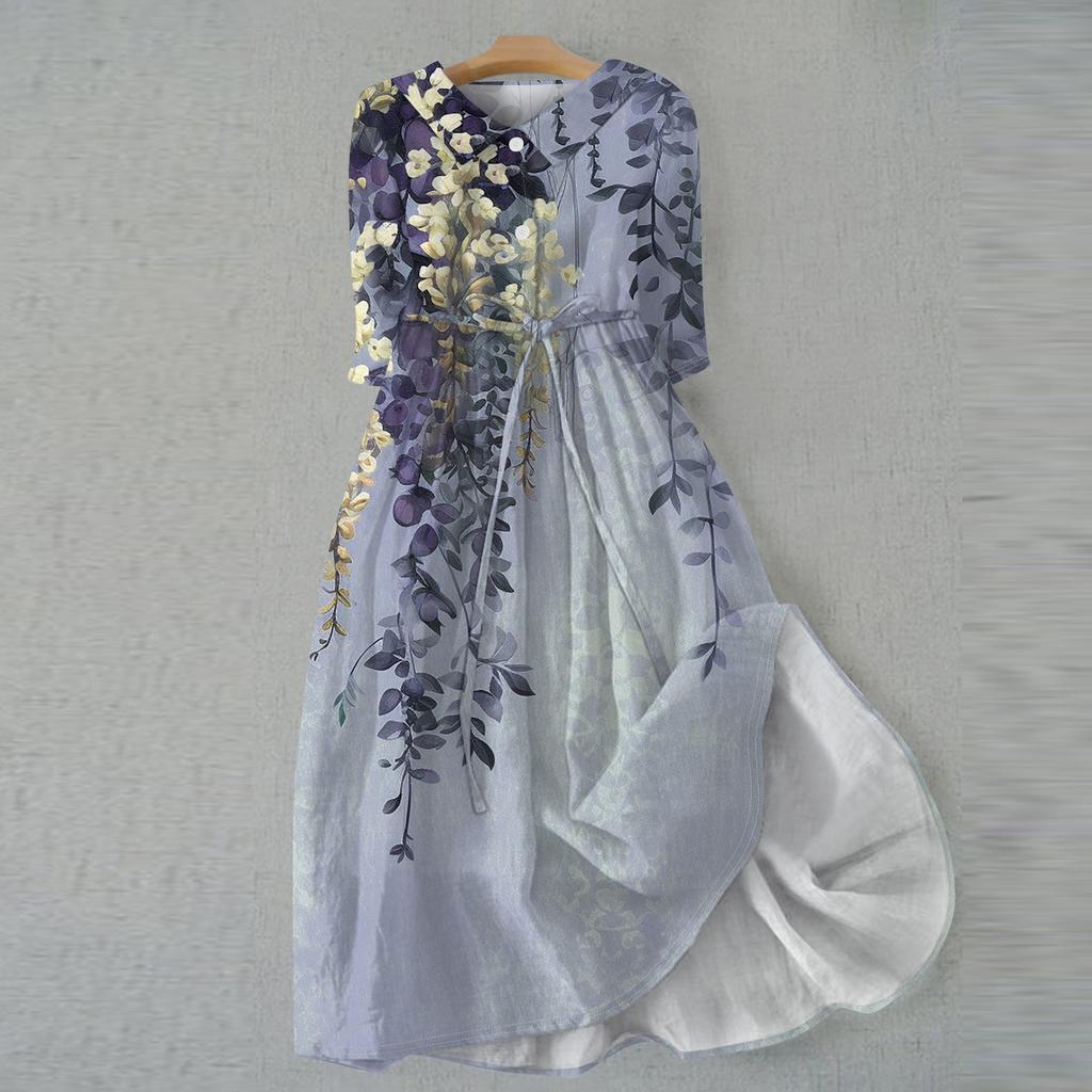 Women's Fashion Casual Printed Lapel Collar Button 3/4 Sleeve Clothing Straps Dress