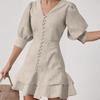 Women's cotton and linen V-neck lantern sleeve dress, new single-breasted layered design lace a-word skirt