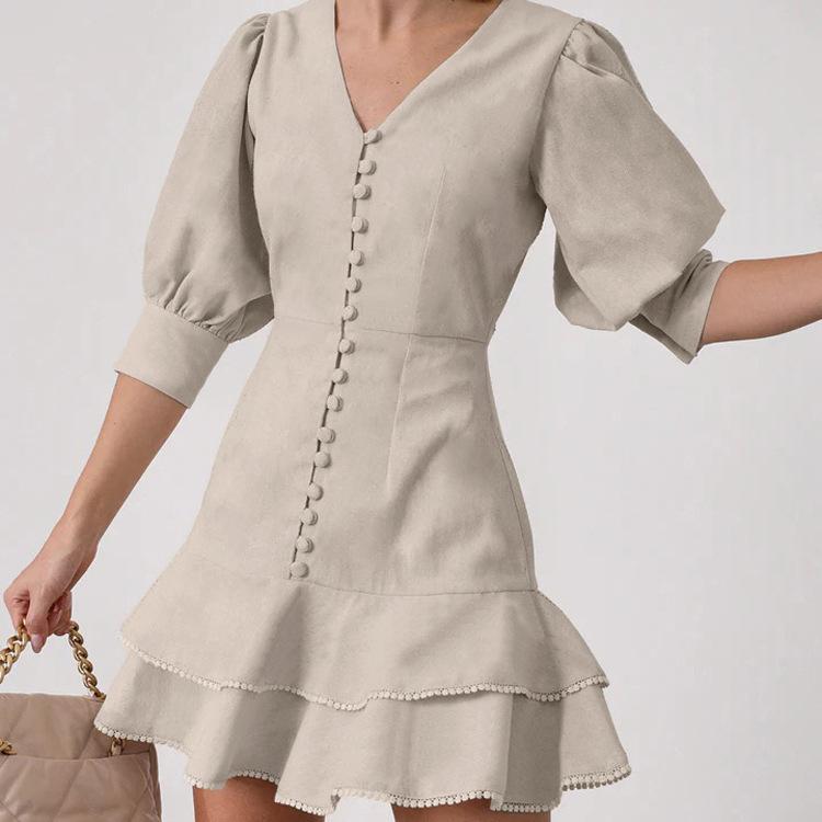 Women's cotton and linen V-neck lantern sleeve dress, new single-breasted layered design lace a-word skirt