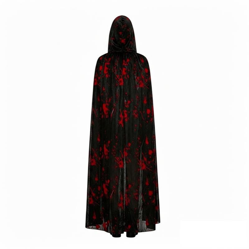Halloween Blood Splatter Print Hooded Cape Scary Cosplay Black Lace Up Cloak For Adult Horror Themed Vampire Witch Role Play Set