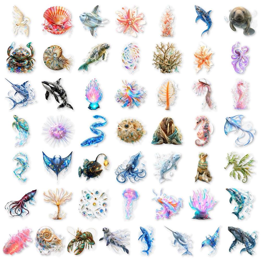 10/30/50pcs Transparent Crystal Marine Animals Stickers Cute Fish Shell Decals DIY Diary Stationery Aesthetic Graffiti Sticker