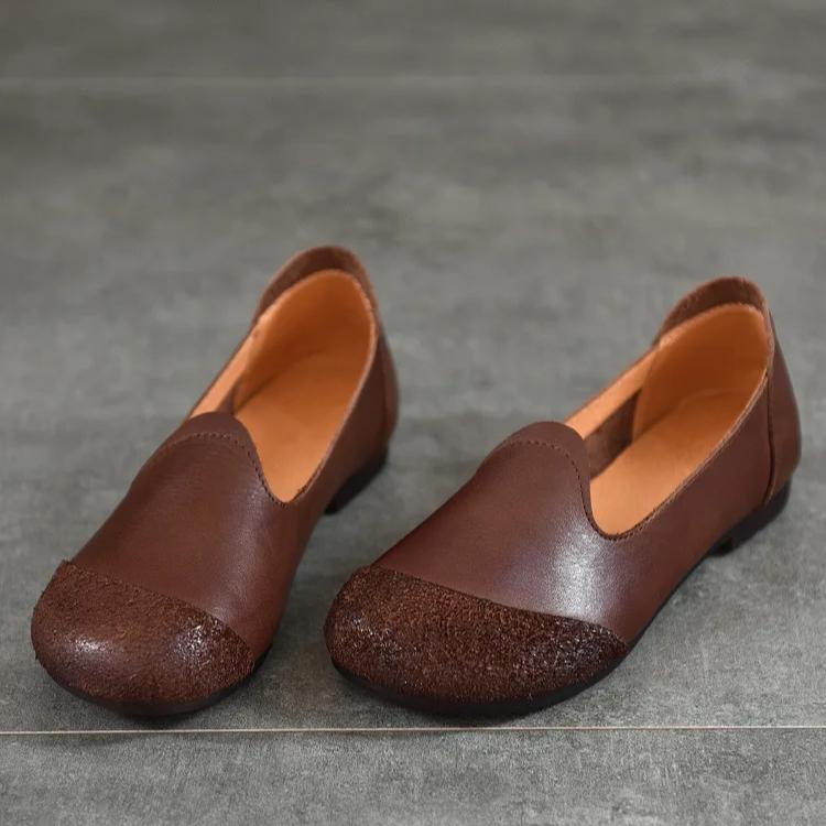 Johnature Vielseitige Retro Damen Slipper Echtes Leder Runde Zehenpartie Flache Schuhe mit flacher, weicher Sohle