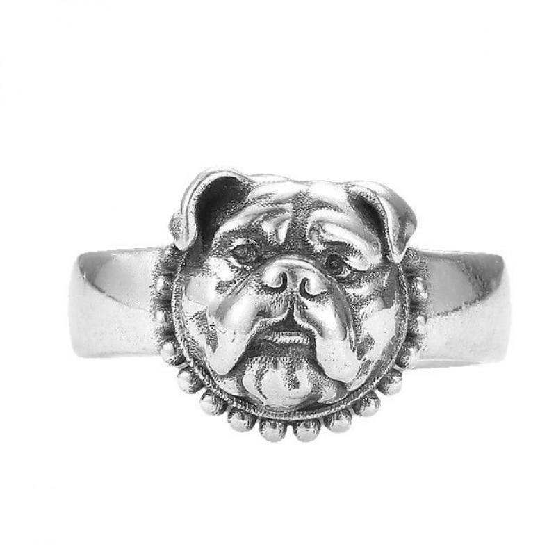 Adjustable Open Ring With Vintage Bulldog Charm Plated Unisex Retro Animal Jewelry