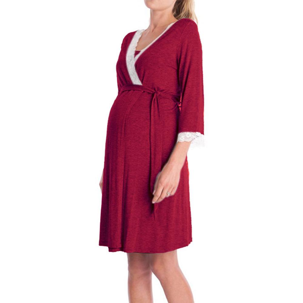 Women's V Neck Lace Trim 3/4 Sleeve Wrap Maternity Nursing Dress With Waist Tie