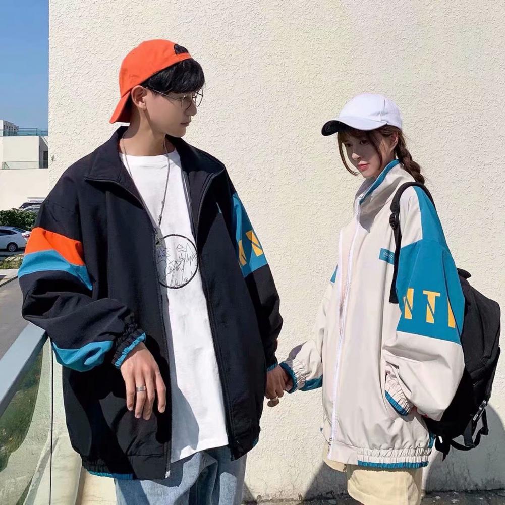 Herren und Damen Lockere Passform Jacke Klassischer Stil Stehkragen Langarm Street Baseball Jacke Mantel Color Blocking Liebhaber Mantel für Herbst Winter