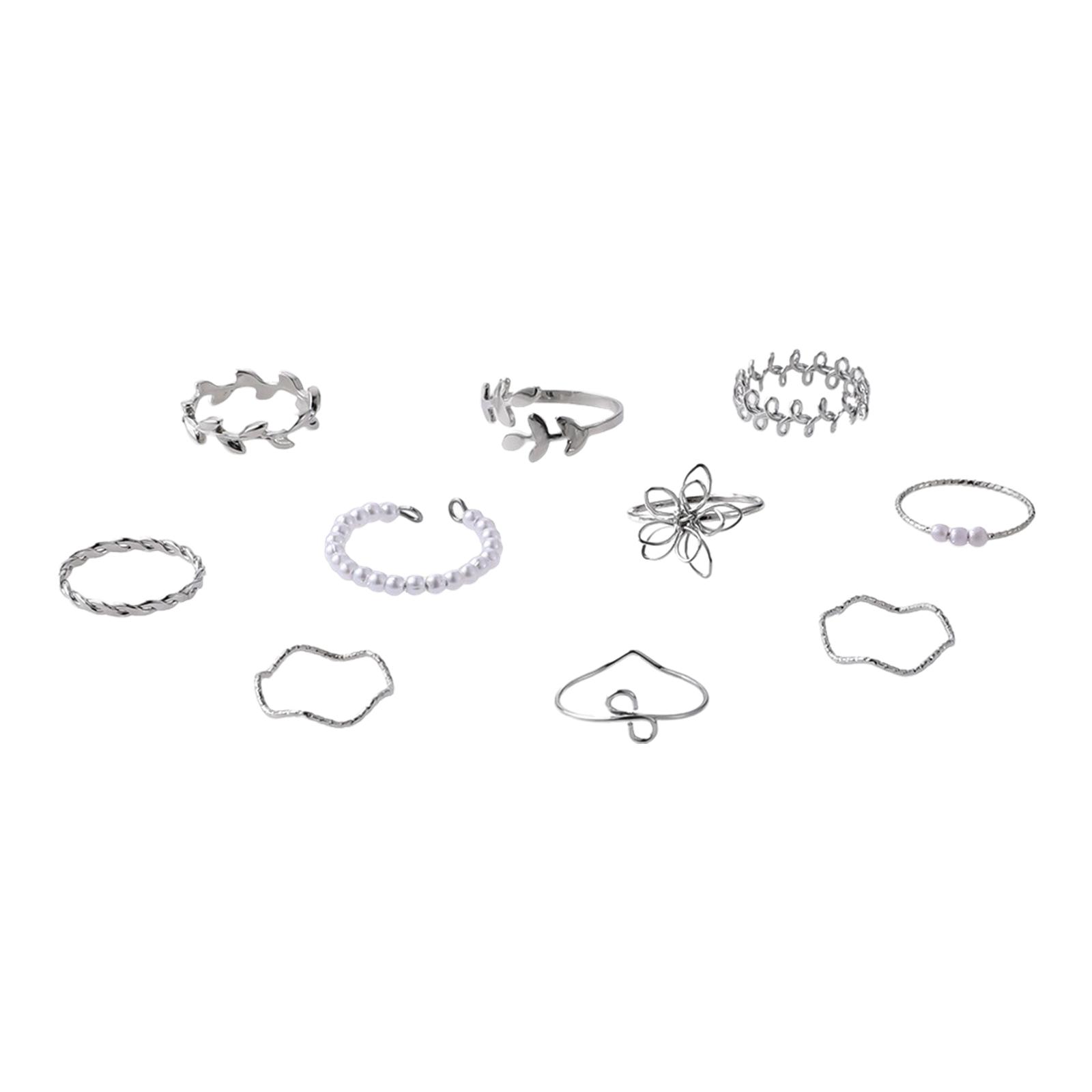 

Набор из 10 элегантных колец-шармов в виде полых цветов, листьев и лозы для женщин, модная бижутерия, аксессуары для пальцев для повседневной носки разноцветный