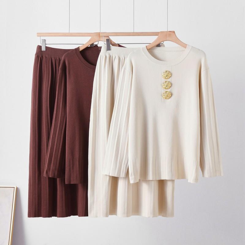 Womens Winter Knit Set: Solid Color Crew Neck Sweater A-Line Ribbed Skirt With Metal Button