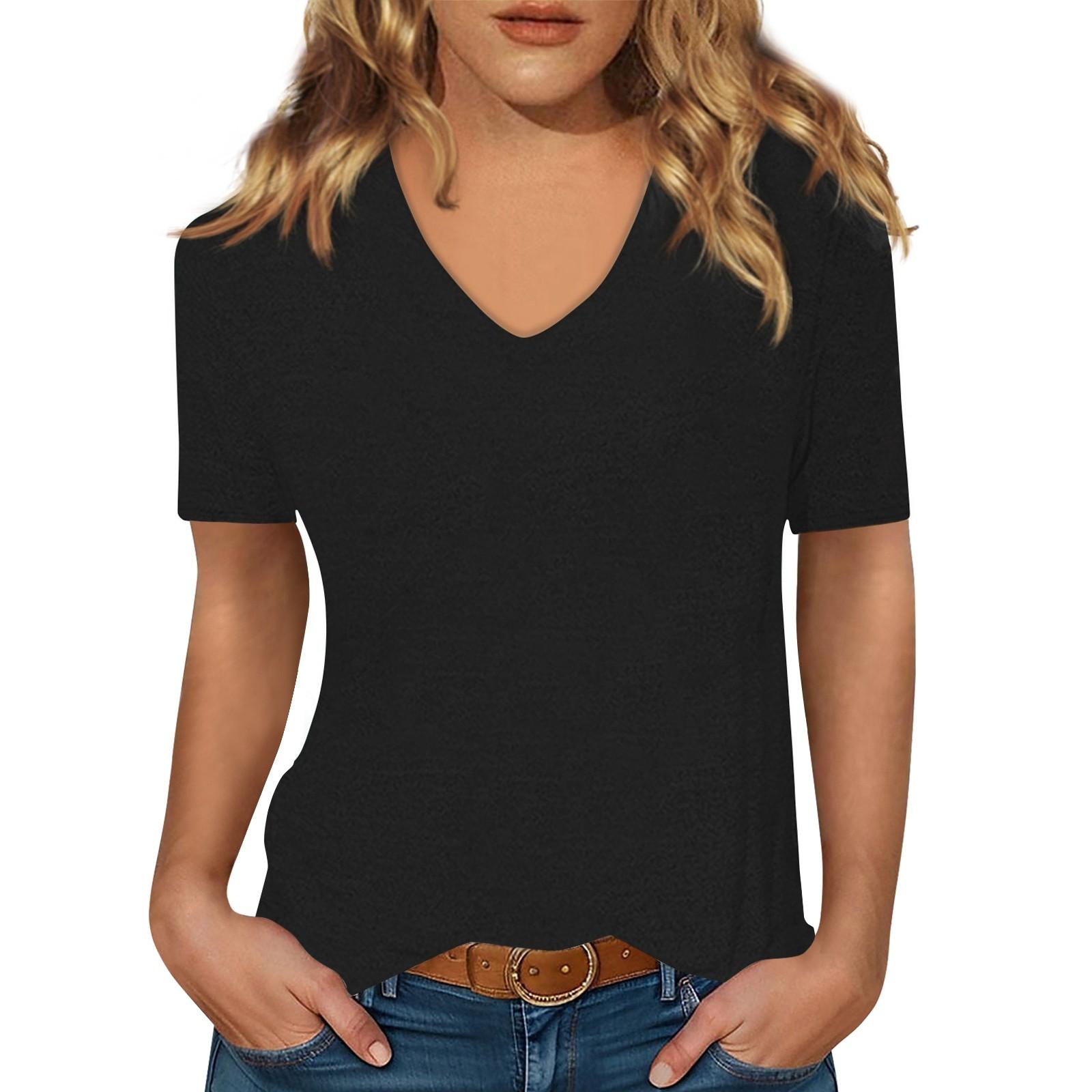 

Женская футболка с короткими рукавами, однотонный топ с v-образным вырезом L чёрный